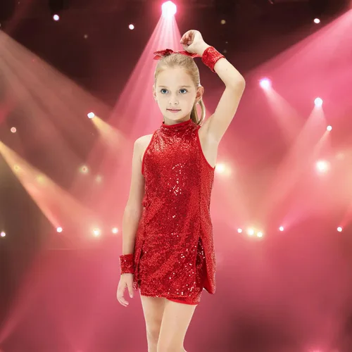 Miniatura 6 de Girls Sequins Dance Costumes Dress, Jazz Dance Costume Girls Hip Hop Outfits Sleeveless Sparkle Dance Dress Top & Shorts