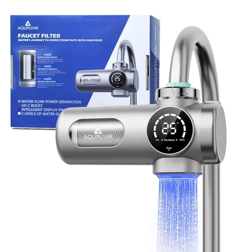 Filtro de agua para grifo, filtro de 3 etapas con pantalla UV-C y autoalimentada, modos dobles para agua de grifo/filtrada, seguro para alimentos y
