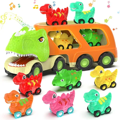 Veslier Juguetes de Dinosaurio para Niños de 2-4 y 3-5 años con 6 Vehículos de Coche de Dinosaurio, Camión Transportador de Dino con Música y Sonido