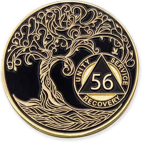 Miniatura 93 de 20 Year Sobriety Mint Twisted Tree of Life - Medallón de recuperación AA chapado en oro, fichas y fichas, color negro