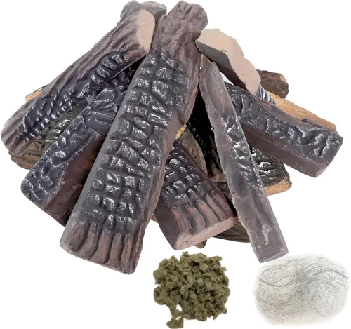 Miniatura 9 de MrGas - Juego de 10 troncos de chimenea falsos de tamaño pequeño con conos de pino, insertos de gas para chimenea de madera de cerámica, troncos