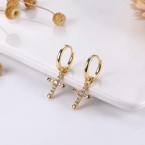 Miniatura 3 de Milacolato Aretes de plata de ley 925 con cruz para hombres y mujeres, delicados aretes de aro con circonita cúbica, aretes colgantes de cruz