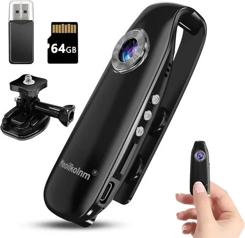 Meoilkolnm Mini cámara corporal con grabación de audio y video, 1080P 64 GB, grabadora de video con detección de movimiento, videocámara POV