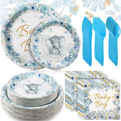 Bokon Juego de 300 platos de elefante para baby shower, para 50 vajillas, incluye platos, servilletas, tenedores, cucharas, cuchillos, elefante,