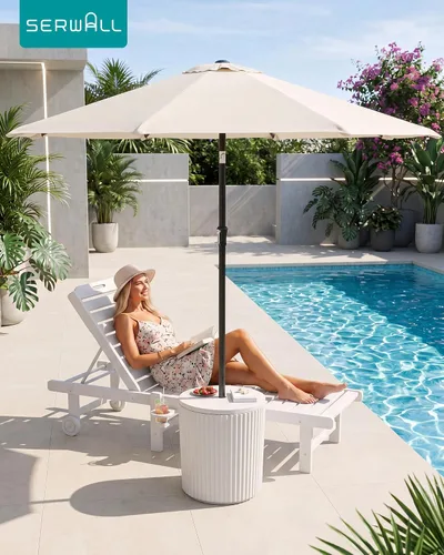 Miniatura 11 de SERWALL Outdoor Round Umbrella Side Table, 3-in-1 Ice Bucket & Side Table & Storage Box, Multi-Functional Use for Porch/Patio/Poolside, Beige