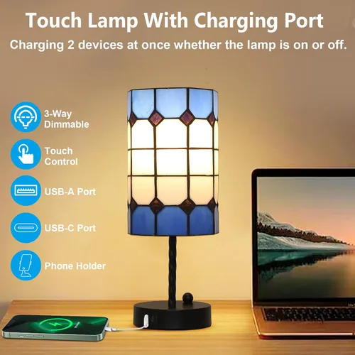 Miniatura 2 de Lámpara De Mesa De Vidrio Manchado Con Puerto USB, Lámpara De Escritorio Tiffany De 3 Vías Regulable Con Control Táctil Y Bombillas, Lámpara Vintage