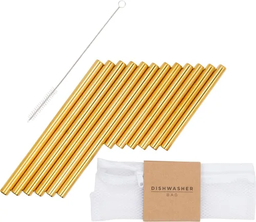 Miniatura 14 de A Bar Above Juego de pajitas de metal dorado, 16 pajitas de acero inoxidable reutilizables grandes y largas con opciones anchas y finas, incluye Oro