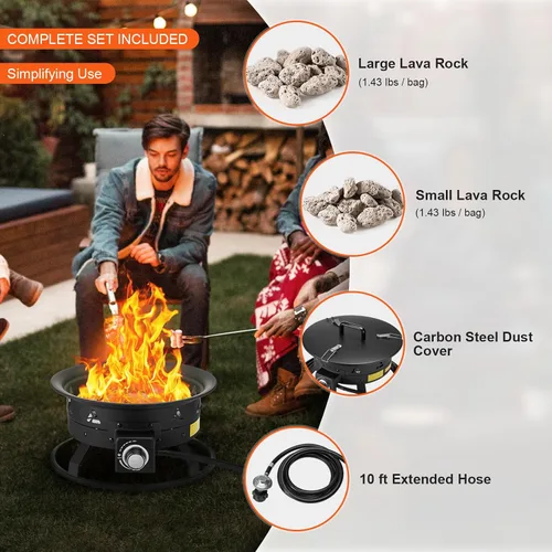 Miniatura 6 de VEVOR Hoguera de propano, Hoguera de gas portátil para exteriores de 19 pulgadas de diámetro con cubierta y piedras de lava, altura de llama