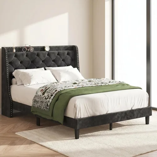 SUNLEI Base de cama Queen con cabecera de almacenamiento, base de cama tapizada de terciopelo con cabecera copetuda con respaldo de alas, soporte de