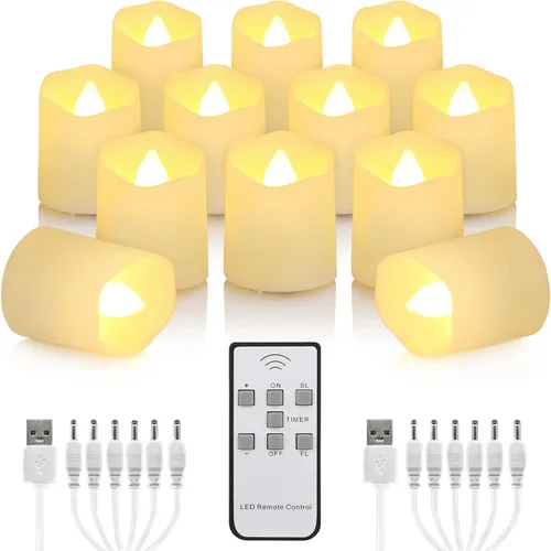 12 velas recargables sin llama con control remoto, velas LED USB con temporizador, velas falsas parpadeantes, velas votivas para Halloween,