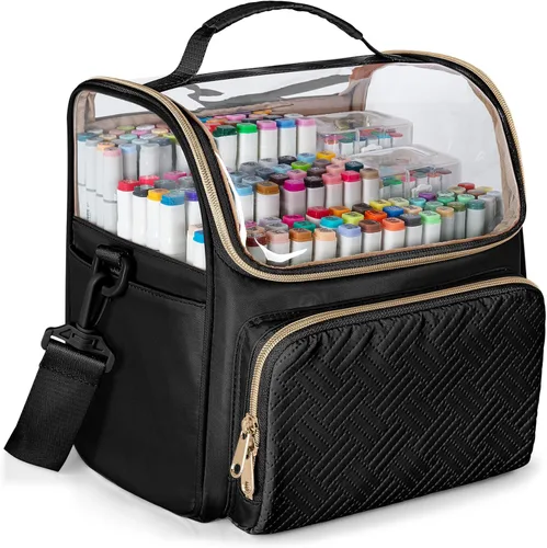 Rexmica Estuche organizador de marcadores grande para 180 marcadores, bolsa de almacenamiento de marcadores con divisores y 4 bolsillos para