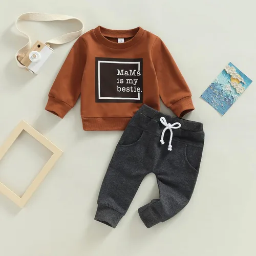 Miniatura 142 de Conjunto de 2 piezas de sudadera de manga larga con cuello redondo y pantalones casuales para bebés y niños pequeños