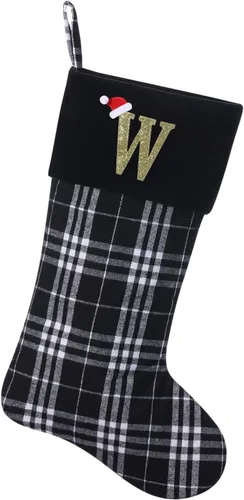 Miniatura 27 de Calcetines de Navidad personalizados con monograma inicial, adornos colgantes, medias clásicas de cuadros negros de 19 pulgadas, decoraciones
