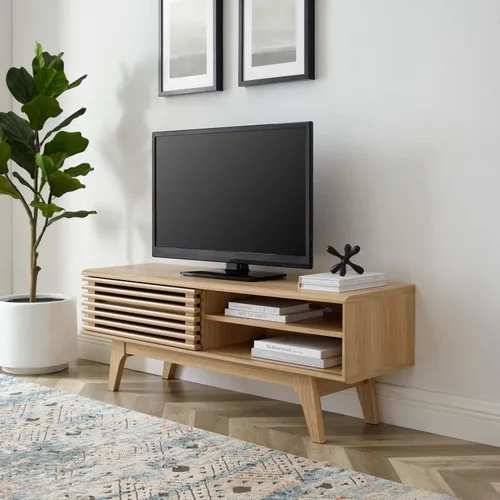 Miniatura 2 de Mueble para televisor de 48 pulgadas Modway Render, de estilo moderno de mediados de siglo con perfil bajo, color roble