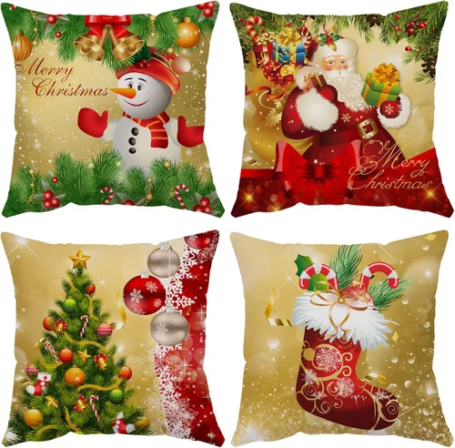 Miniatura 15 de Fundas de Almohada Feliz Navidad 12x12 Juego de 4 Fundas de Almohada de Terciopelo de Navidad Rosa Navidad Invierno Vacaciones Fundas de Almohada