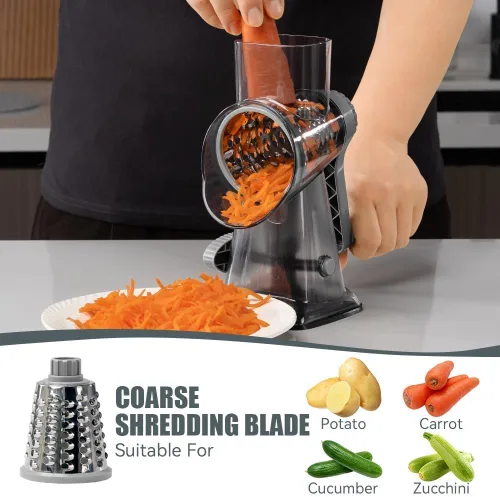 Miniatura 2 de KEOUKE Rallador de queso giratorio de mano con manivela transparente - triturador, rebanador, molinillo de 3 cuchillas de acero inoxidable, succión