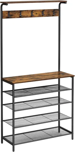 Miniatura 10 de VASAGLE Perchero de Pie con Banco para Zapatos, Perchero Banco para Zapatos, Zapatero de 5 Niveles de Diferentes Alturas, 5 Ganchos Dobles, Estante