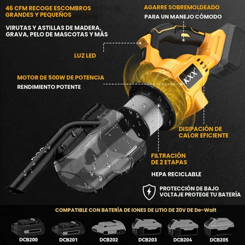 Miniatura 3 de Aspiradora inalámbrica para batería Dewalt de 20 V, aspiradora eléctrica de mano 5 en 1 con potente motor de 500 W, aspiradora de mano portátil