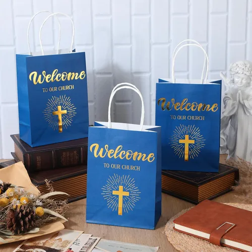 Miniatura 4 de Chuangdi 50 bolsas de regalo de bienvenida a la iglesia, bolsas de papel cristiano con asas para invitados, día de la madre, baby shower, Azul