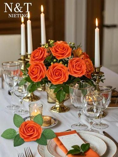 Miniatura 2 de N&T NIETING Flores artificiales de otoño, flores artificiales de rosas naranjas perfectas para bricolaje, ramos de boda, centros de mesa, fiesta