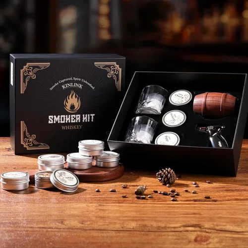 Miniatura 6 de Kit de ahumador de whisky con antorcha, sin butano, chips de madera de 6 sabores, 2 vasos de whisky, 2 moldes redondos para cubitos de hielo, kit