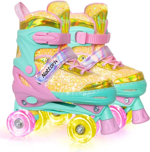 Miniatura 7 de Nattork Patines de ruedas para niñas y niños, 4 tamaños ajustables para niñas de 3 a 12 años con ruedas iluminadas y protección de seguridad, regalo
