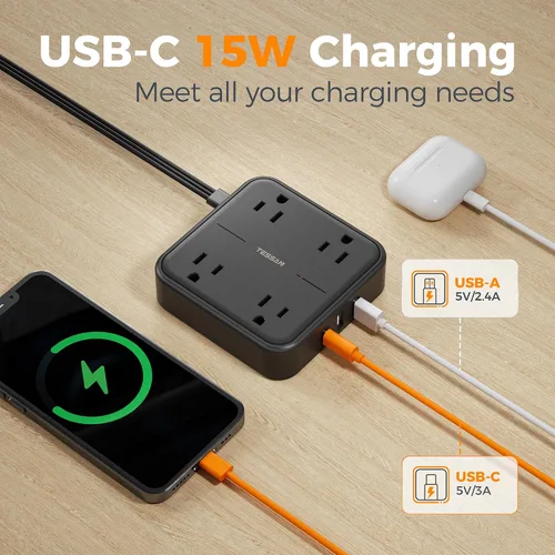 Miniatura 3 de TESSAN – Cable de extensión plano con protector de sobretensión de 10 pies, regleta de alimentación de enchufe plano con 4 salidas y 3 puertos USB