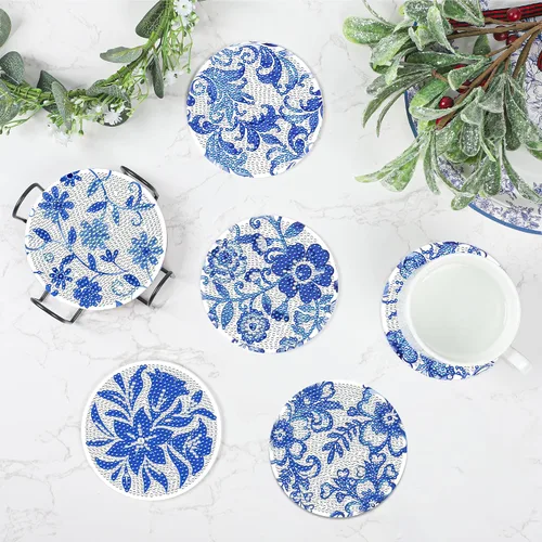Miniatura 7 de Juego de posavasos con diseño de diamantes de flores azules, posavasos de diamante acrílico 5D con base de corcho y soporte para adultos, 8
