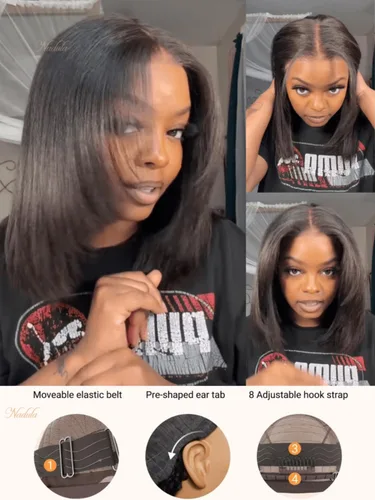 Miniatura 4 de Nadula Pelucas de cabello humano lacio Yaki sin pegamento con encaje frontal de 7 x 5 pulgadas, nudos invisibles, predepilados, pretodo, 3S, listo