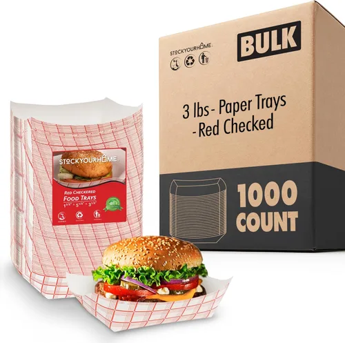 Miniatura 8 de Botes pequeños de papel para alimentos (paquete de 100) bandejas desechables de 1 libra a cuadros rojos y blancos, botes de comida ecológicos, botes