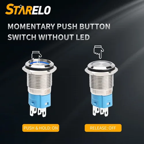 Miniatura 5 de STARELO 5 piezas 16 mm interruptor de botón de presión LED momentáneo, carcasa plateada, interruptor de botón de presión impermeable IP65, 1NO 1NC