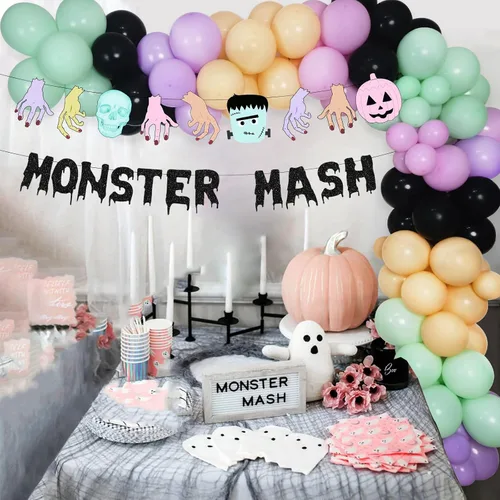 Miniatura 5 de Kit de arco de guirnalda de globos de monstruo de Halloween, globos negros, morados, verdes con globos de papel de aluminio, pancarta de monstruo