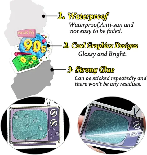 Miniatura 5 de QTL Calcomanías de los años 80 y 90 para adultos, suministros de fiesta retro, calcomanías de vinilo impermeables para botellas de agua