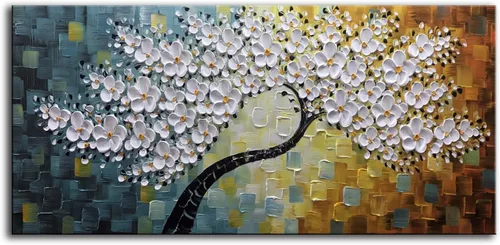 Miniatura 20 de YaSheng Art - Pintura al óleo de arte contemporánea hecha a mano de flores blancas en lienzo con textura 3D, pinturas de árbol abstractas