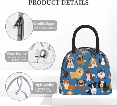 Miniatura 5 de Bolsa de almuerzo de animales con lindos perros, bolsa de mano grande, contenedor reutilizable para mujeres, hombres, escuela, oficina, trabajo, 10 l