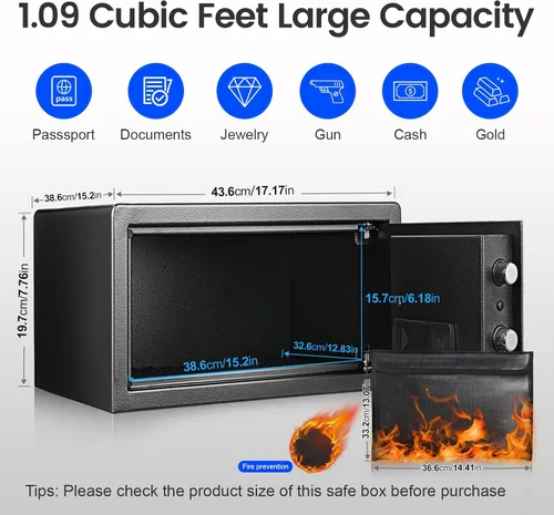 Miniatura 4 de Caja Fuerte Biométrica para el Hogar - (0,78-2,04 pies cúbicos) Caja de Seguridad con Acceso Rápido y Cerradura de Huella Digital, Teclado