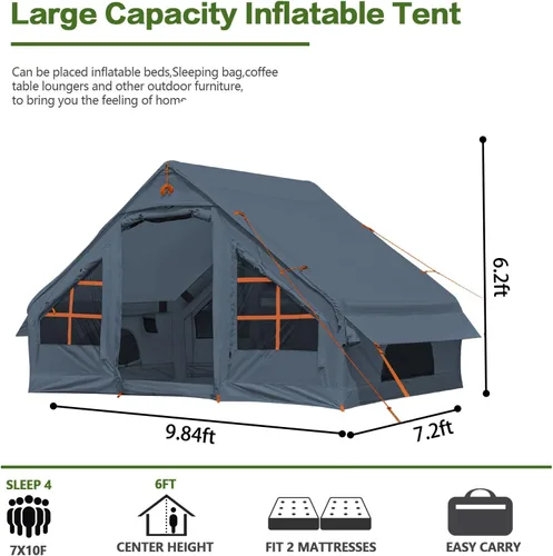 Miniatura 6 de Inflatable Camping Tent,2/4/6/8 Person Glamping Inflatable Tents with Awning, Quick Setup Blow Up Tents with Pump, Waterproof Oxford Inflatable 4