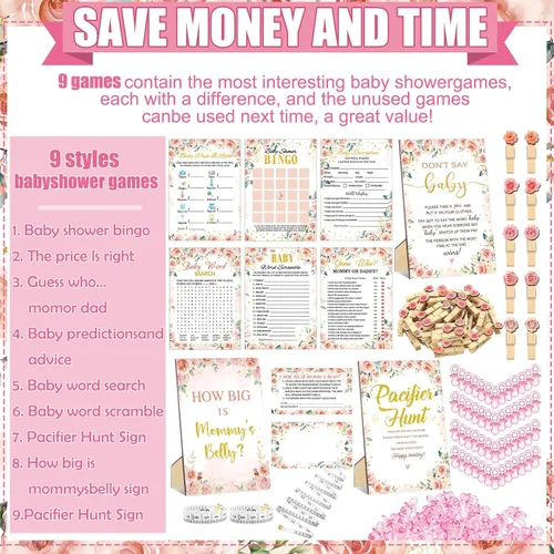 Miniatura 4 de Sherr 476 juegos florales de baby shower, 6 juegos de actividades, tarjeta floral, juego de caza de chupetes, 50 chupetes, qué tan grande es mamá