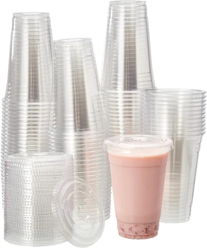 Miniatura 10 de [100 juegos-16 onzas] Vasos de plástico con tapa de ranura para pajita, tapa de ranura para pajilla, transparente, PET, transparente, desechable