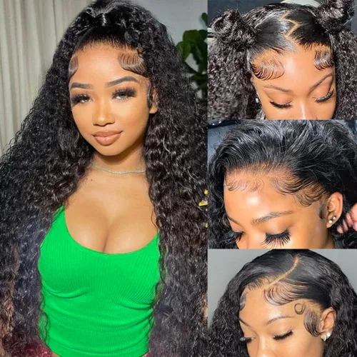 Miniatura 26 de Pelucas con malla frontal de onda profunda 13x4, cabello humano pre-sacado, 180% de densidad, 9A, sin pegamento, pelucas de cabello humano mojadas
