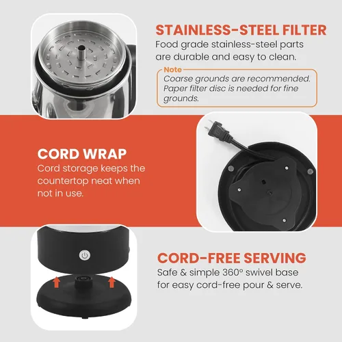 Miniatura 5 de Elite Gourmet EC812 Percoladora eléctrica de café de 12 tazas con mantiene el calor, perilla de progreso de preparación transparente, mango de tacto