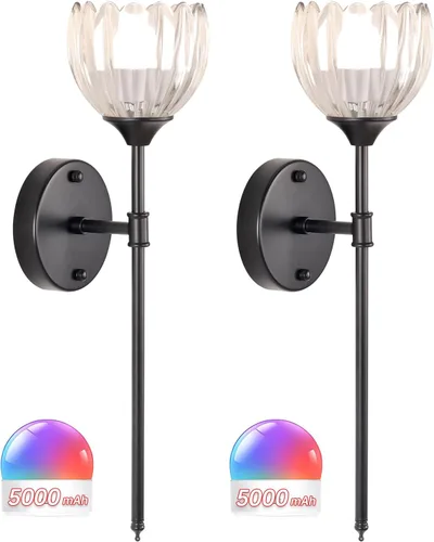 Miniatura 10 de Shenmoyl Juego de 2 lámparas de pared operadas por batería, lámpara de pared vintage de tulipán ámbar con batería recargable de 5000mAh con control