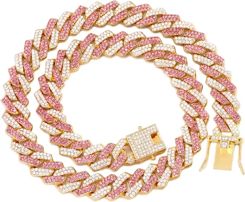 Miniatura 22 de Collar de cadena dorada para perro, collar cubano de diamantes para caminar, collar de cadena de metal con diseño de hebilla segura, collares