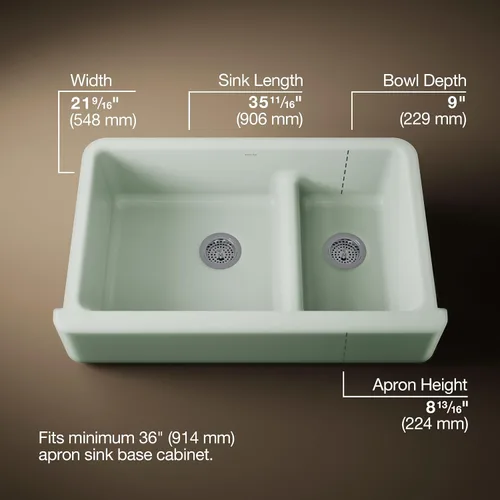 Miniatura 3 de KOHLER Whitehaven® K-6427-42 - Fregadero de cocina empotrado de 35-3/4 pulgadas, autorecortable, Smart Divide, Grande/Mediano con Delantal alto