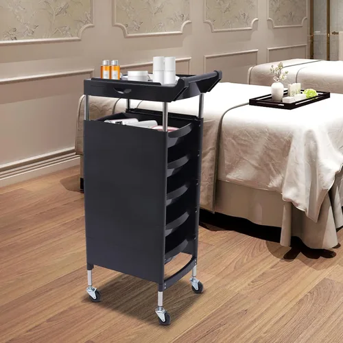 Miniatura 3 de Carrito profesional de salón, carrito de salón negro con asa y ruedas, 5 cajones y 2 soportes para secadora de pelo, bandeja lateral, carrito