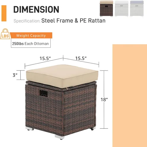 Miniatura 3 de Patiorama Otomanas de mimbre de ratán de polietileno marrón con almacenamiento, reposapiés para exteriores con cojín grueso, asa integrada para Beige