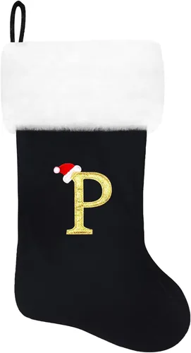 Miniatura 65 de Calcetines de Navidad bordados de 20 pulgadas con monograma, terciopelo negro con puño de felpa blanca supersuave, adornos clásicos para decoración