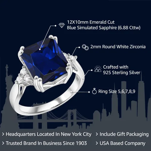 Miniatura 2 de Gem Stone King Anillo de compromiso con piedra natal de 5-10 quilates para mujer, plata de ley 925, corte esmeralda de 0.47 x 0.394 pulgadas, anillo
