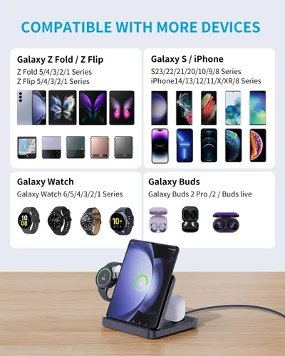 Miniatura 6 de para Samsung Z Fold 6/5 Estación de Carga Inalámbrica, Soporte de Carga Rápida Plegable 3 en 1 para Galaxy Z Fold 4, Flip 6/5, S23/S22, Note20/10
