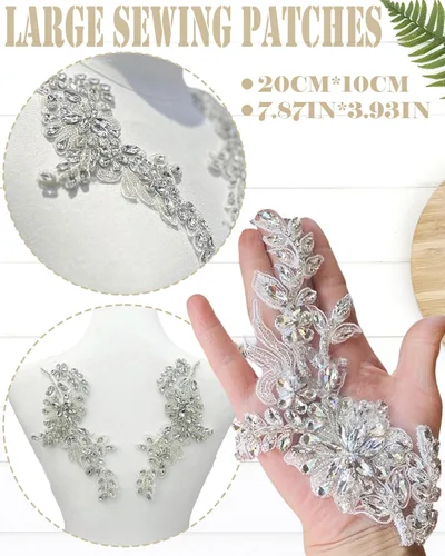Miniatura 4 de 1 par de apliques hechos a mano con diamantes de imitación de flores para ropa, parches de tela de cristal para vestido de novia, apliques de encaje